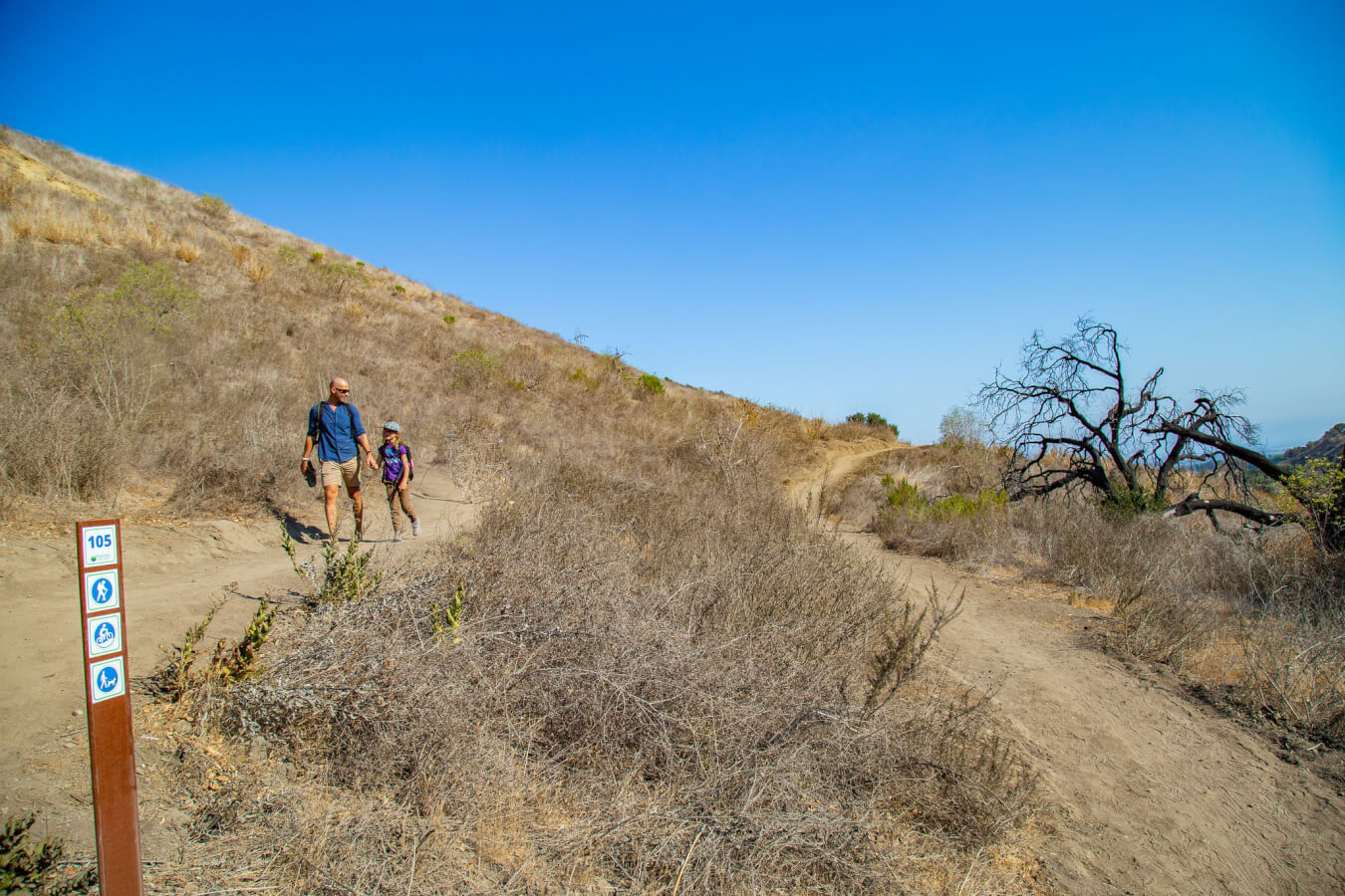 father and daughter hiking at harmon canyon