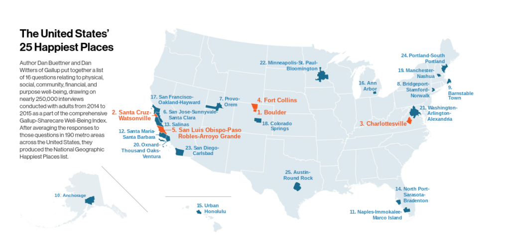 map of happiest cities in America