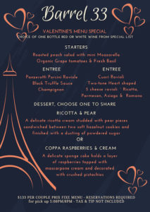 Barrel 33 Valentines day menu