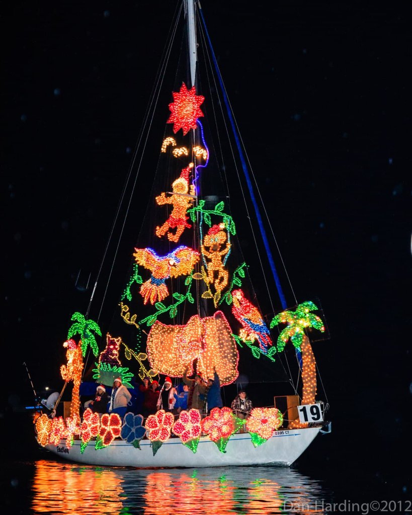 Sailboat decorated with Christmas lights 