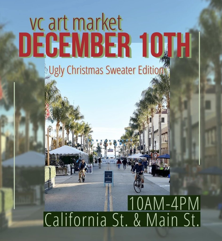 Flyer for VC Art market Ugly Sweater Edition. Shows downtown Ventura