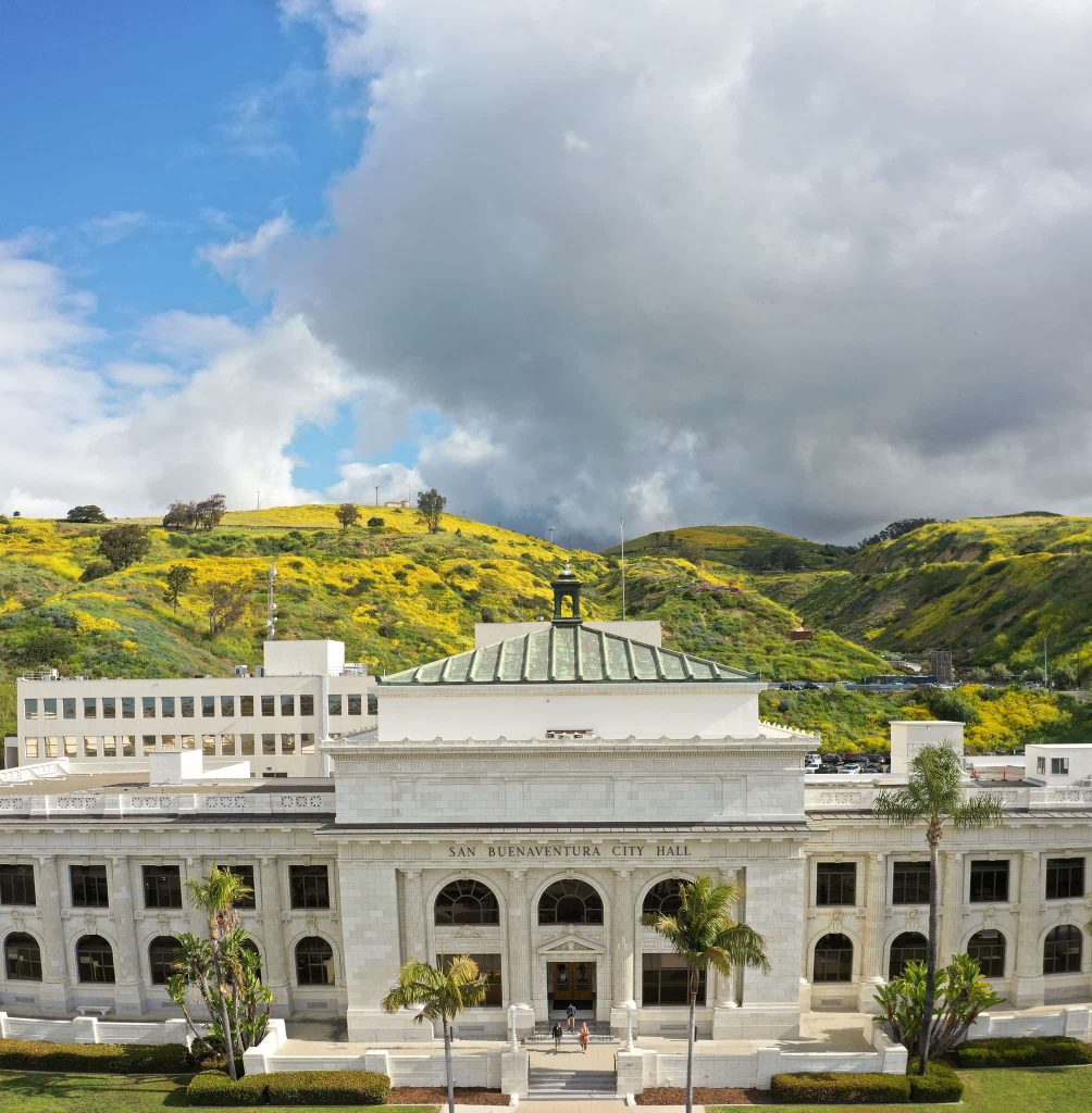 Ventura City Hall with green hills