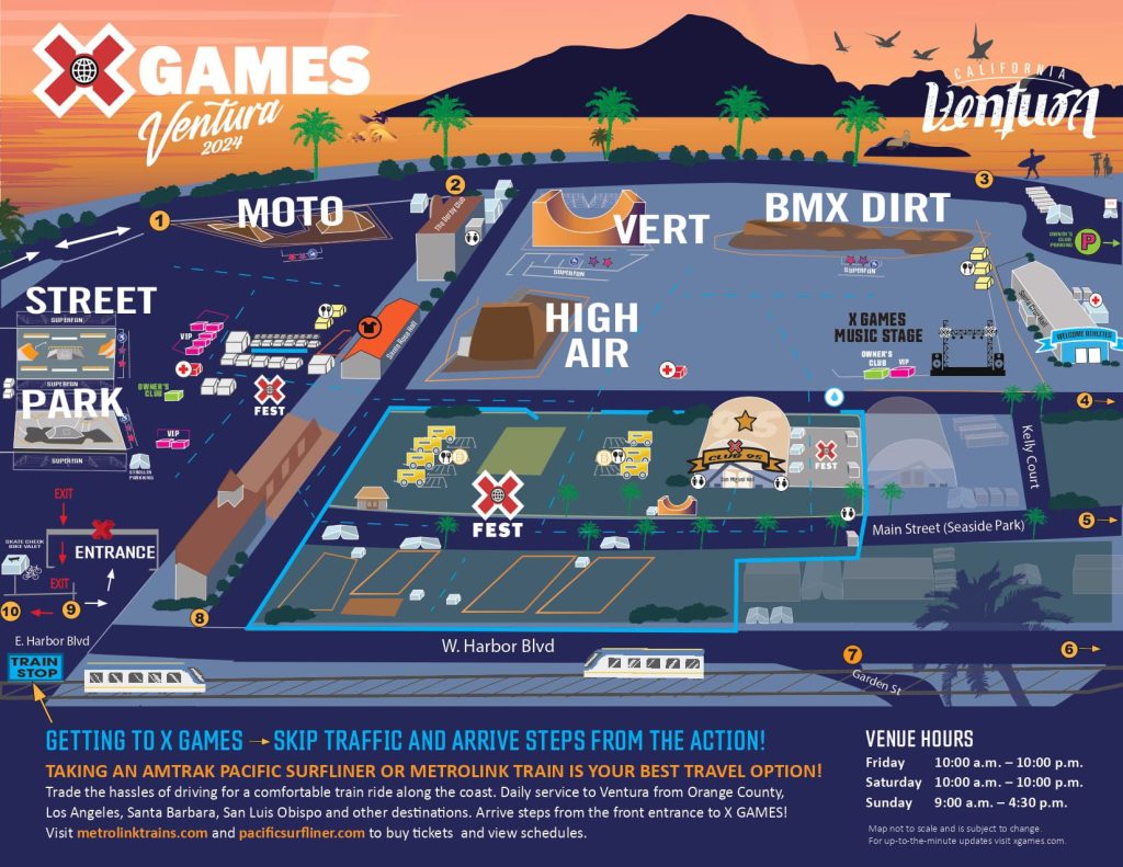 Map of Ventura X Games 2024, showing locations for street parking, moto, bmx dirt biking and skateboarding.