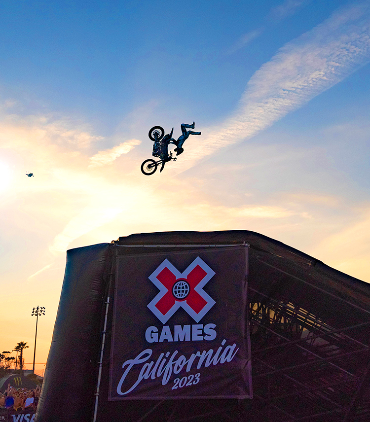 A Moto X rider at the Ventura X Games does a flip.