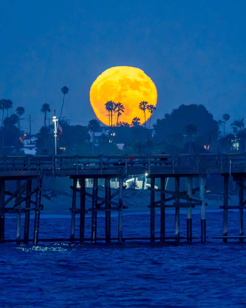 Ventura Pier at twilight with big moon