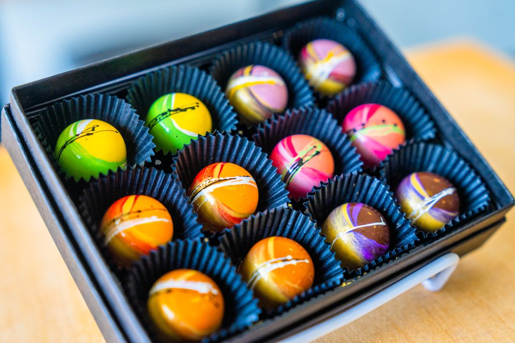 Vegan friendly chocolates are sold Voto Chocolates and confections ranging from passionfruit, hazelnut, and red wine