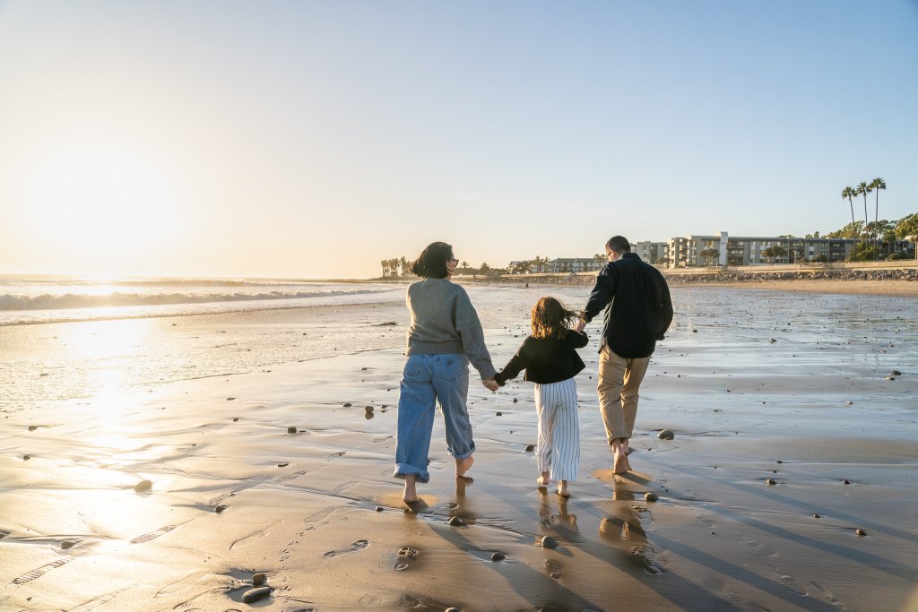 family walking at Ventura Pier beach