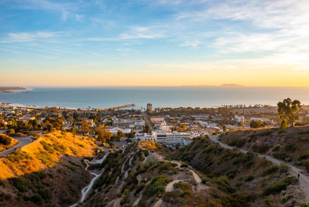 Aerial view of Ventura during the sunset, taken from the botanical gardens 