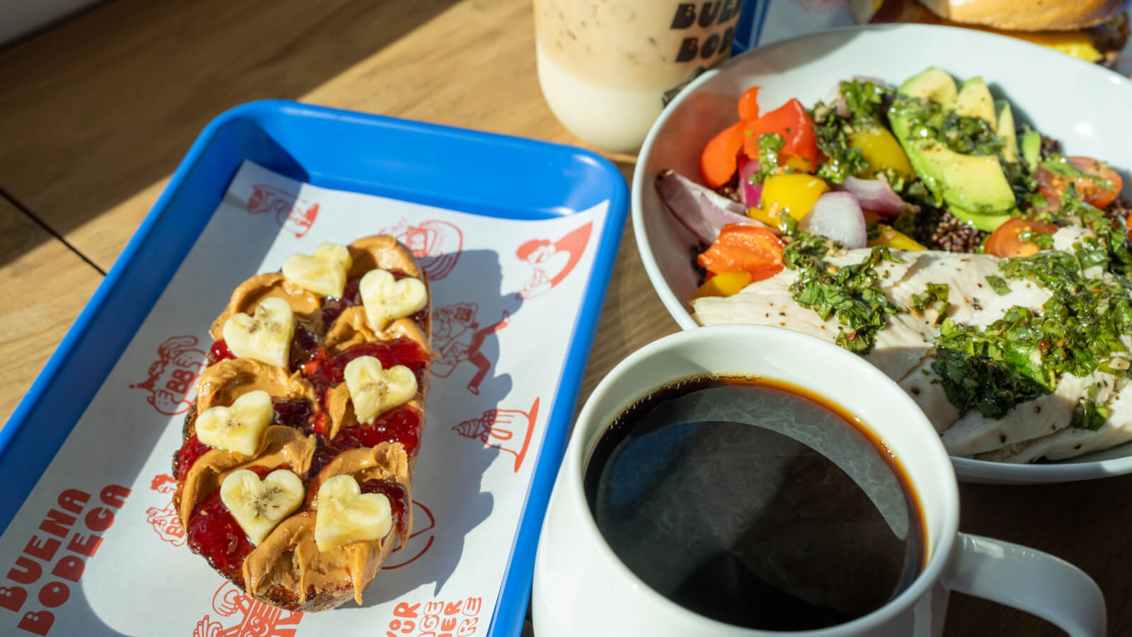 Coffee, a salad, and a PB&J sandwich at Buena Bodega in Ventura, California