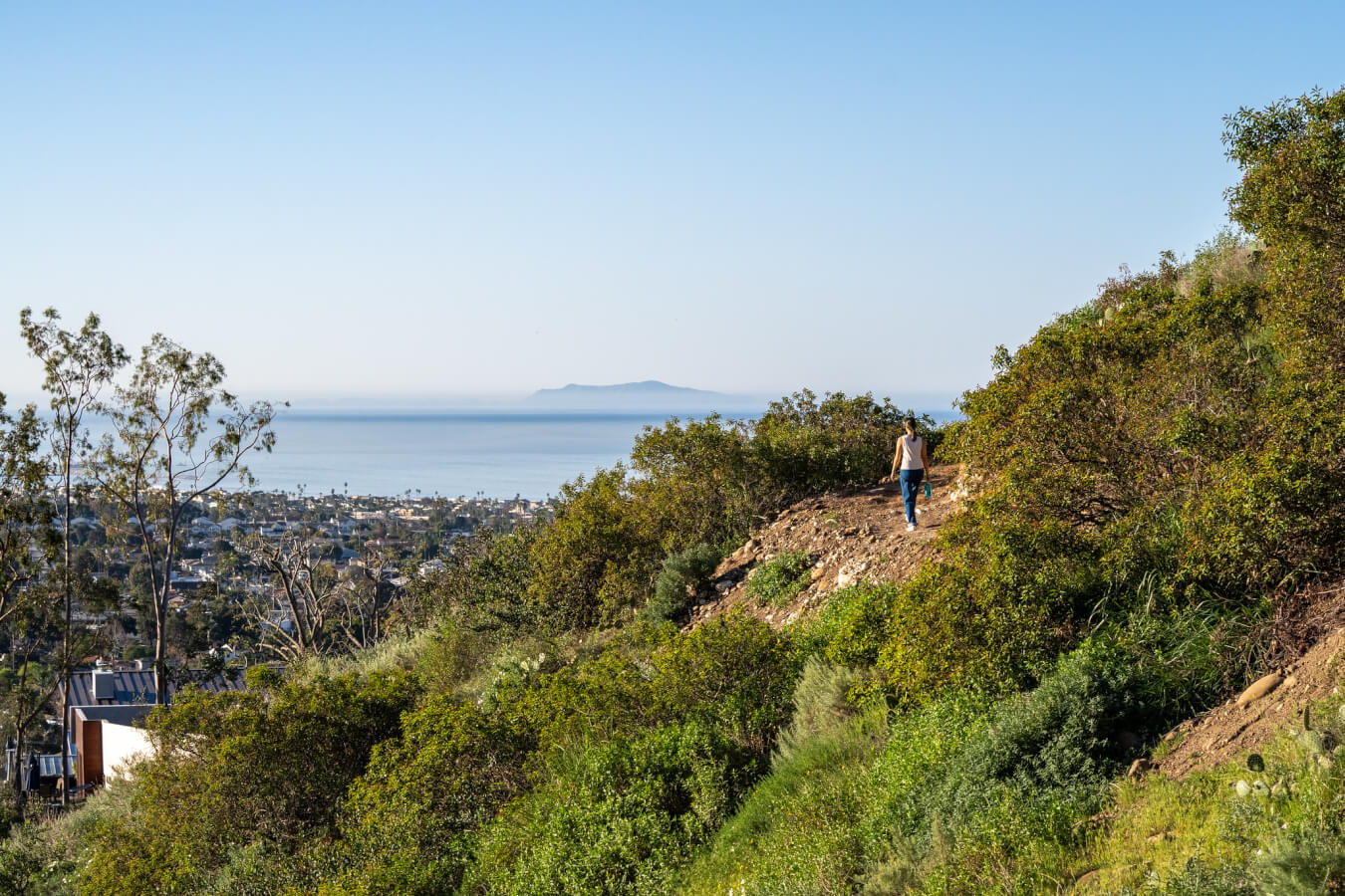 Views of a hiking trail and the Channel Islands National Park in the distance at Ventura Hills Nature Preserve in Ventura, California